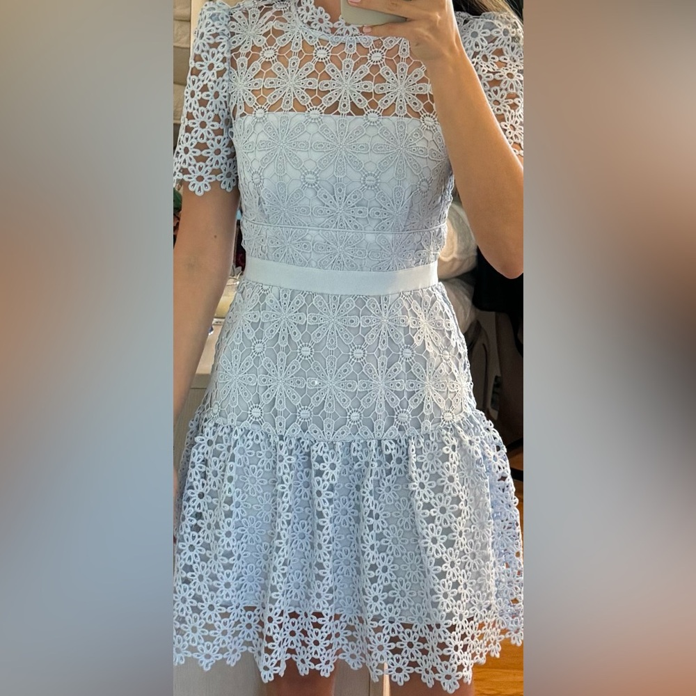 Self-Portrait Short Sleeve Mini Dress in Light Blue Polyester Lace - Picture 4 of 4